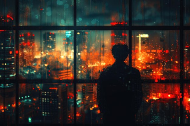 A man dressed in anime style looks out the window at night Ai generative