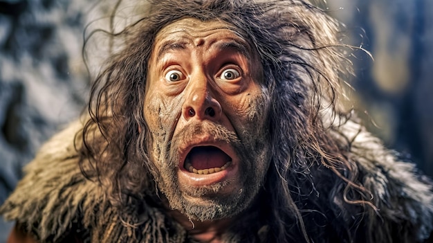 Photo a man dressed as a neanderthal with a look of shock exhibiting wide eyes and an open mouth conveying