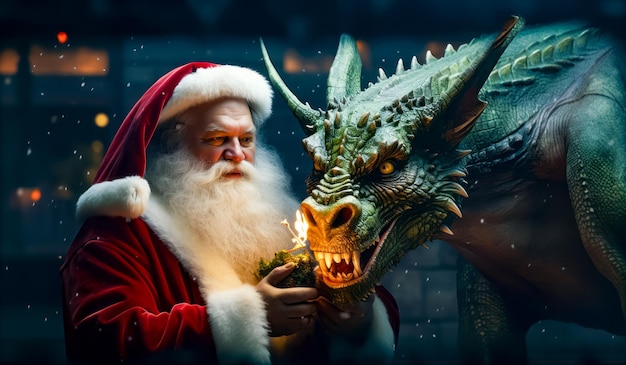 Man dressed as santa claus lighting candle next to green dragon Generative AI