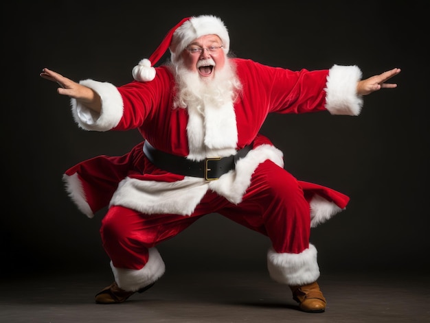 Man dressed as Santa Claus in playful pose on solid background