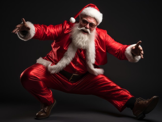 Man dressed as Santa Claus in playful pose on solid background