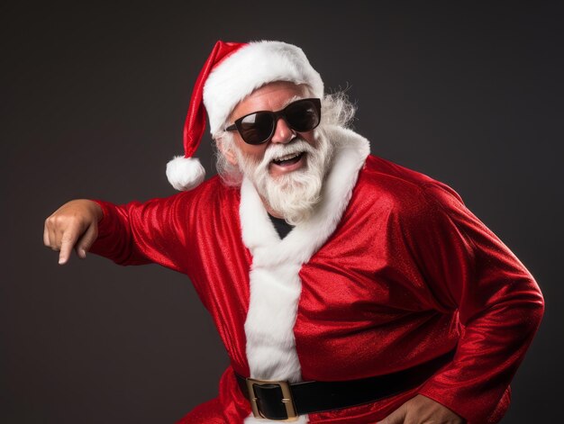 Man dressed as Santa Claus in playful pose on solid background