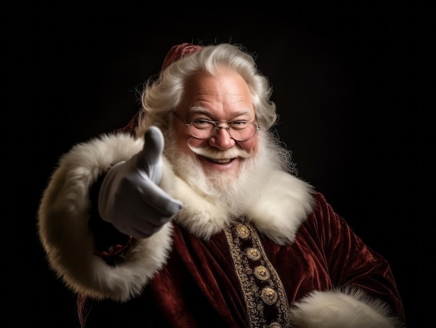 Man dressed as Santa Claus in playful pose on solid background