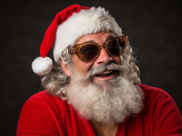 Man dressed as Santa Claus in playful pose on solid background