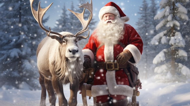 サンタクロースの服を着た男が鹿の隣に立っている