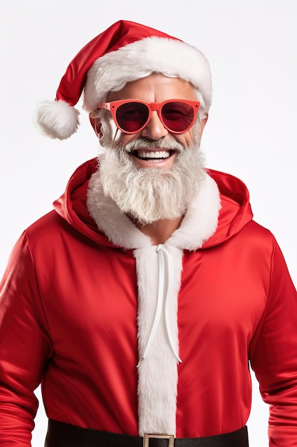 A man dressed as Santa Claus with a gray beard and wearing antiaging glasses