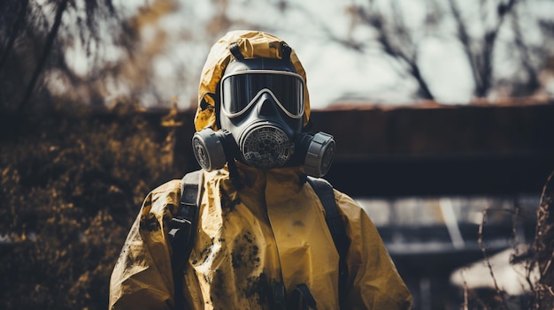 Man dressed in chemical protection suit in the ruins