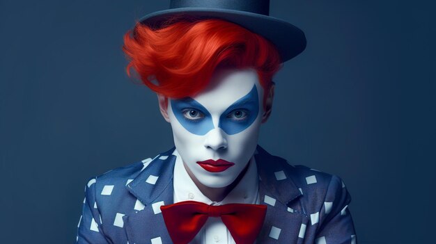 A man dressed in a clown costume on a dark background closeup High quality photo