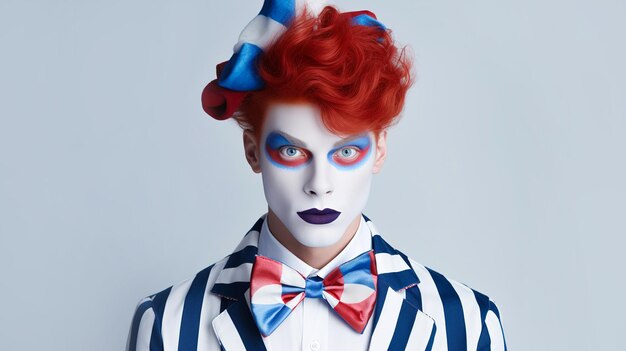 A man dressed in a clown costume on a light background closeup high quality photo