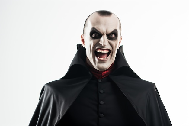 Photo a man dressed in a dracula costume with his mouth open