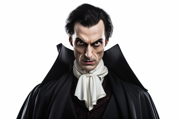 a man dressed in a dracula costume with a white collar