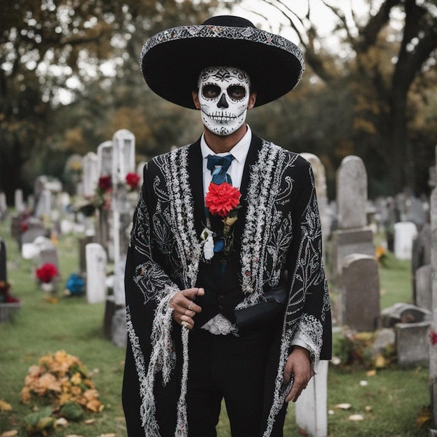 A man dressed for Mexican Day of the Dead at his graveyard wallpaper