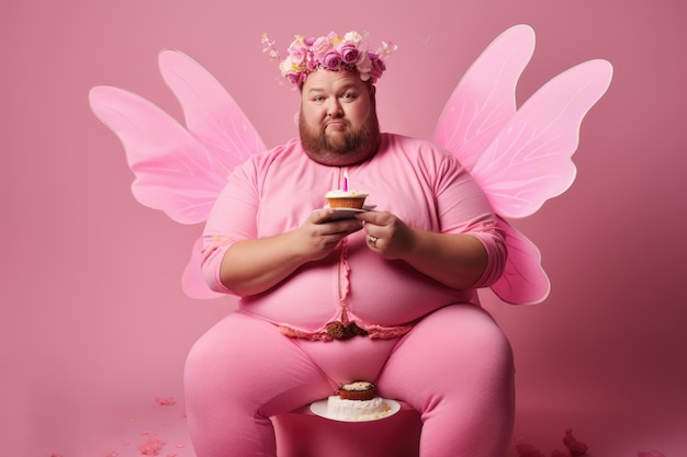 Foto uomo vestito con un costume di fata rosa completo di ali e una corona floreale