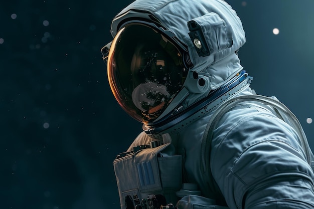 A man dressed in a space suit holds a camera while floating in zero gravity A still portrait of an astronaut in their whitespace suit helmet in hand AI Generated