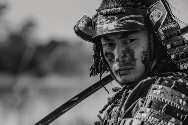 A man dressed in traditional japanese armor holding a sword