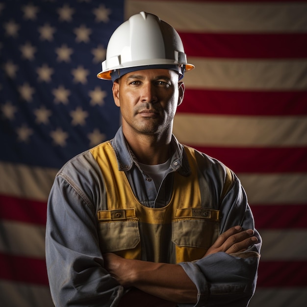 Foto uomo vestito con abiti da lavoro bandiera americana