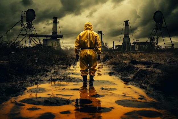 Мужчина, одетый в желтый костюм из опасных материалов, стоит в пустынном городе. Исследование понятия атомного взрыва в контексте радиоактивной войны.