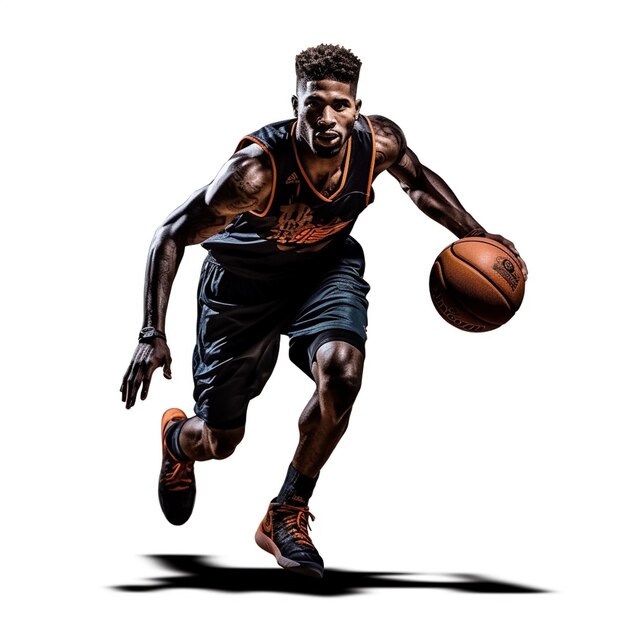 A man dribbling a basketball with a white background.