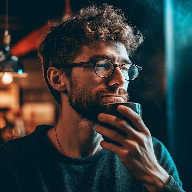 Фото Мужчина пьет чашку кофе.
