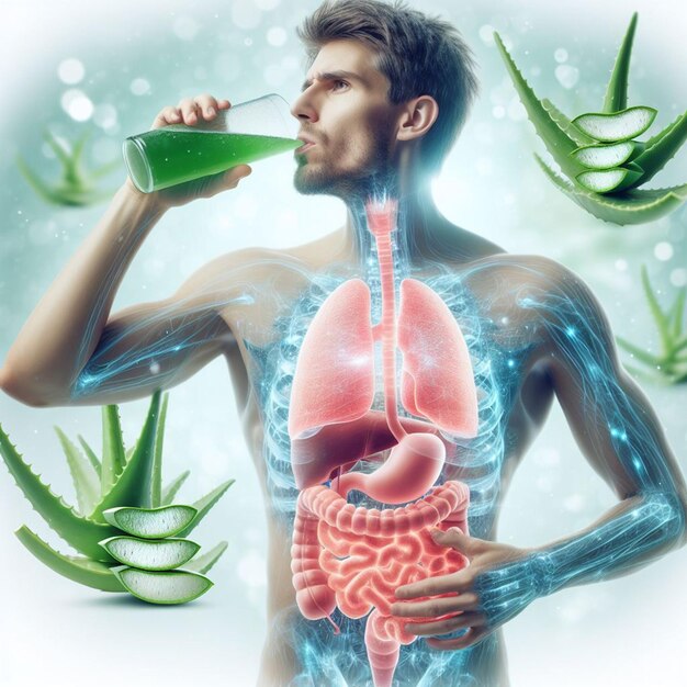 Photo man drink aloe vera juice for gastric burn