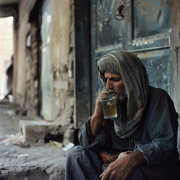 a man drinking beer in an alley with a glass of beer