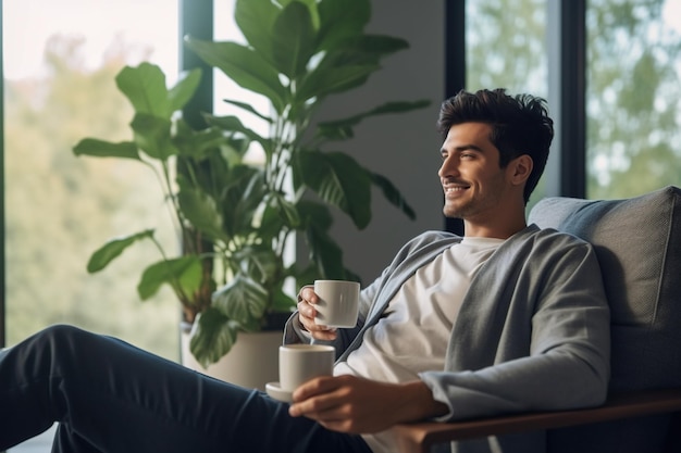 写真 家のソファに座ってコーヒーを飲んでいる男