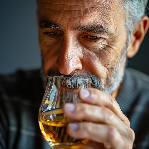 Photo a man drinking from a glass with a beard and mustache