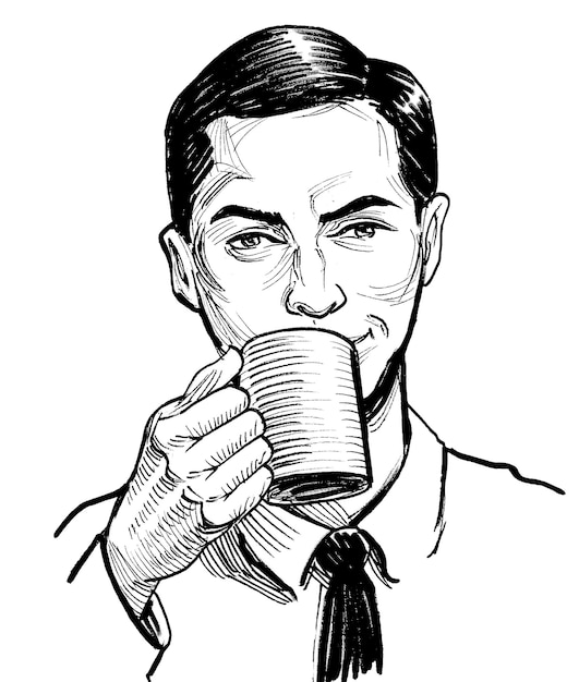 A man drinking from a mug with a tie on.