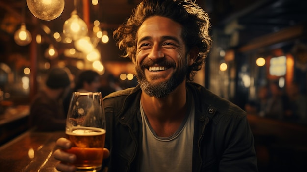 ライトビールとダークビールのグラスを飲む男性
