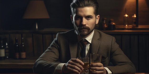 Man drinking whiskey in a bar