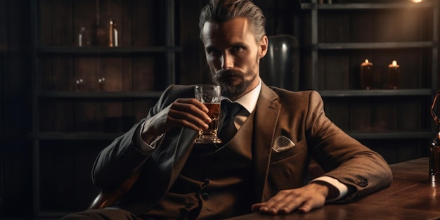 Man drinkt een glas whisky in een bar