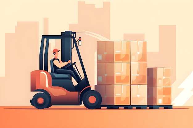 A man drives a forklift in front of a cityscape.