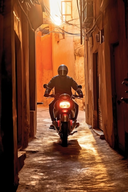 A man drives his motorcycle down a narrow alleyways