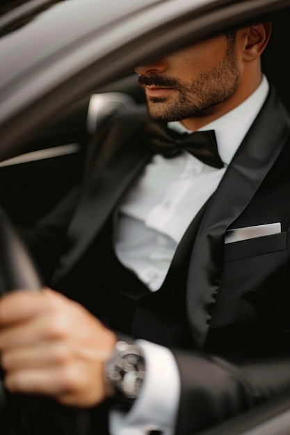 Photo man driving car in suit