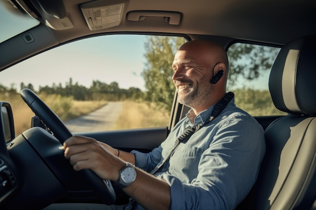 Man driving a car using navigator and talking device AI Generative