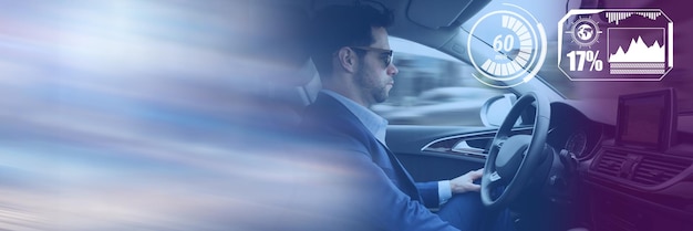 Man driving in car with heads up display interface and transition