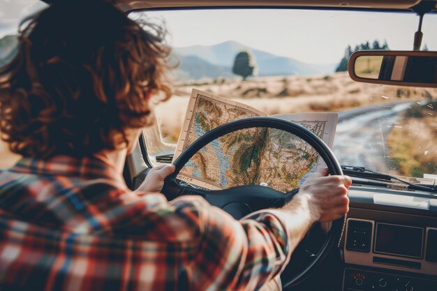 Foto un uomo che guida un'auto con una mappa in mano