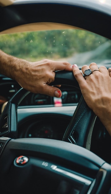 Photo a man driving a car with a ring on his finger