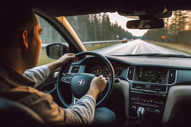 Photo man driving his car on the road view from car window in the forest driver concept travel