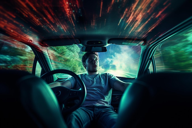 明るい光効果の生成 Ai で車を運転する男性