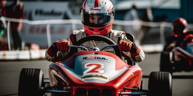 Мужчина за рулем гоночного автомобиля в красно-белом шлеме.
