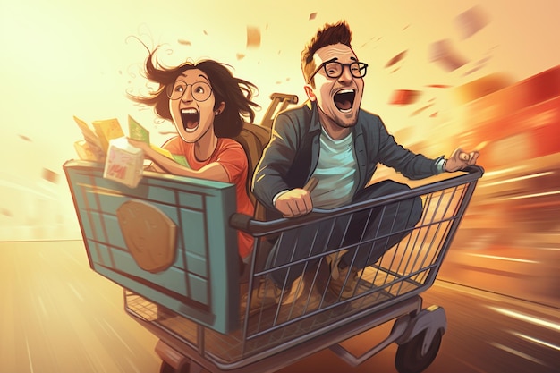 Man driving shopping cart with happy woman