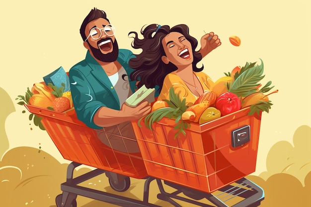 Man driving shopping cart with happy woman