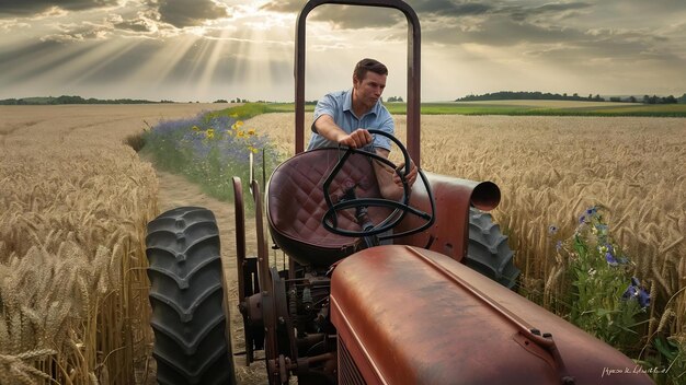 Man driving tractor through field