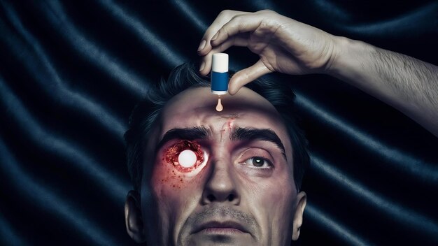 Man dropping eye drop medicine healing his eye pain with black background