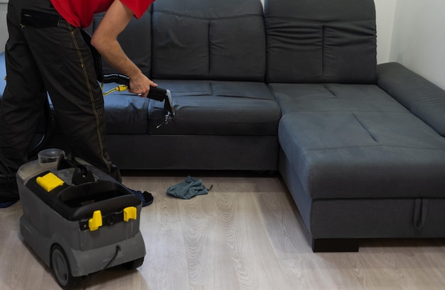 Man dry cleaner's employee cleaning sofa with professionally extraction method.