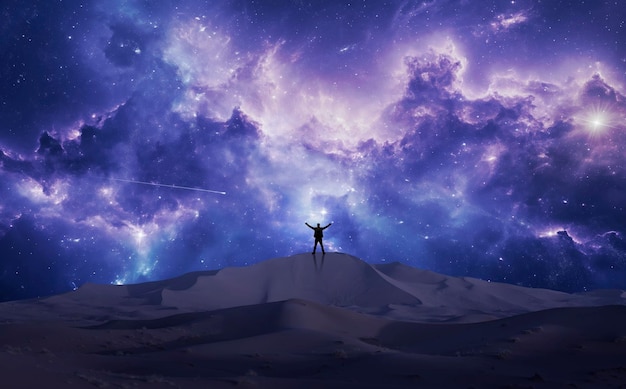 Photo man on a dune observes the universe