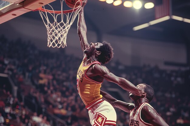 A man dunking a basketball in front of a crowd