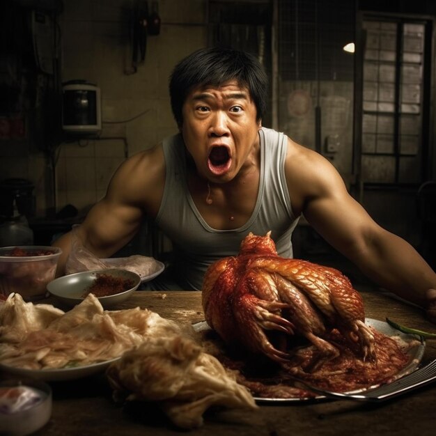 写真 美味しい食べ物を食べている男