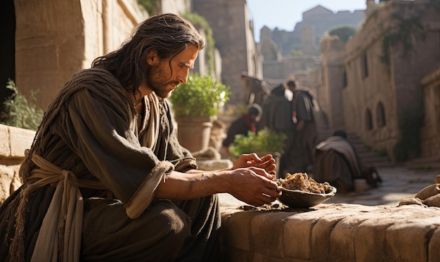 Man Eating Food on Ledge